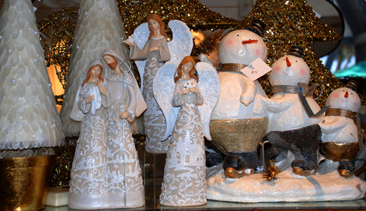 snowmen and gold angels holiday decor